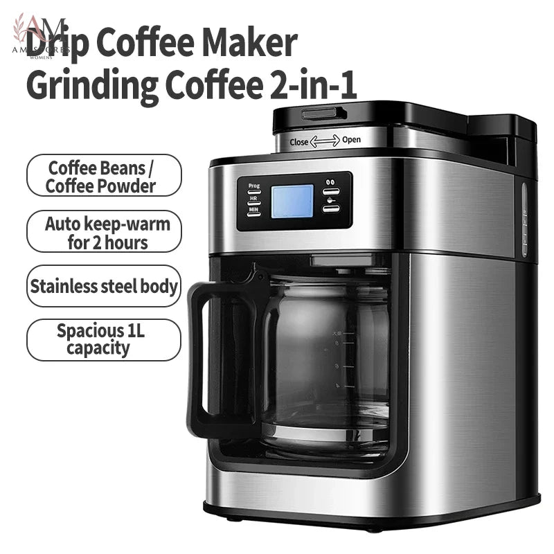 Fully Automatic American Coffee Machine，Coffee Beans Or Powder Can Be Used，Electric Grinding Drip Coffee Machine 2-in-1