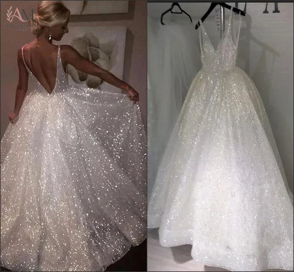 Glitter Women's Wedding Dress V Neck Wedding Dresses Bridal Gown Customized Simple Wedding Dress Bridal Beach Wedding Gown