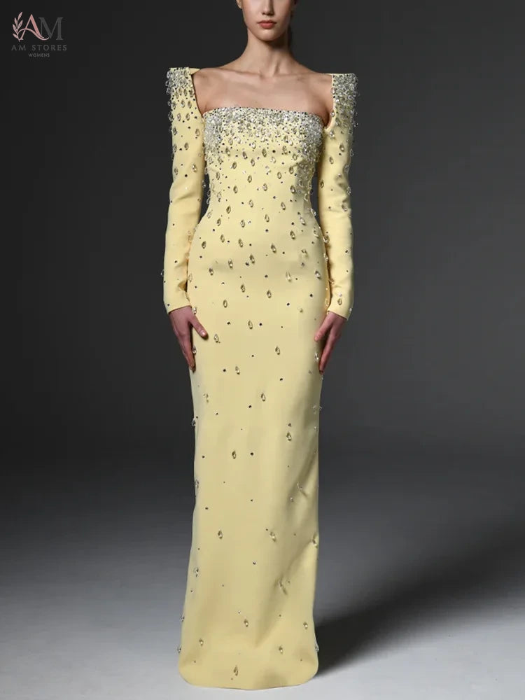 HIGH QUALITY Newest Fashion 2026 Designer Vestido Women's Square Collar Beading Diamonds Long Sleeve Maxi Dress
