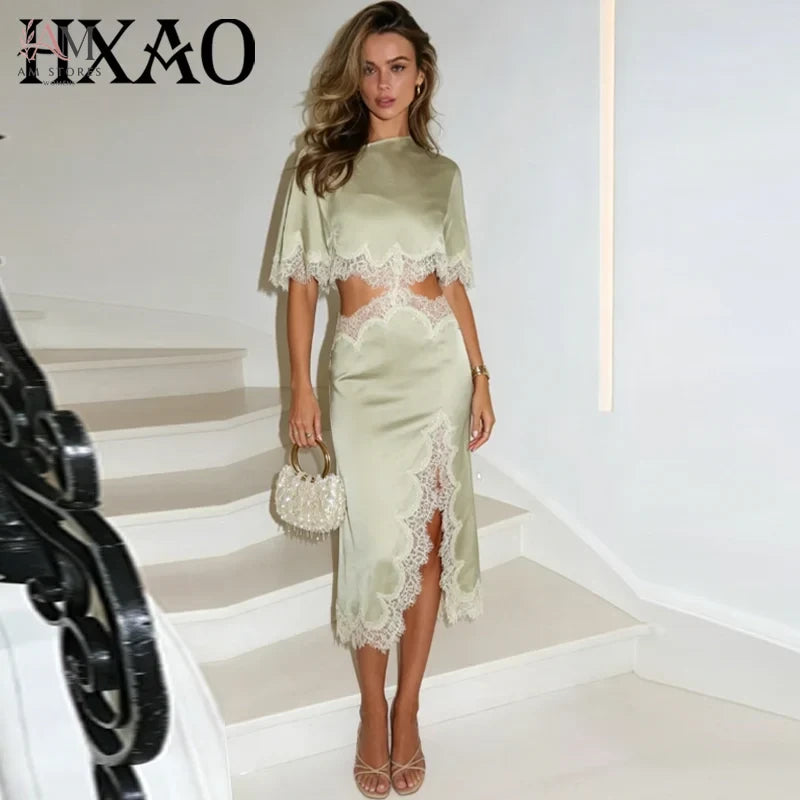 HXAO Asymmetric Satin Lace Dress Women's Dress Summer 2026 Sexy Midi O-Neck Batwing Short Sleeve Cut Out Vestidos Party Dresses