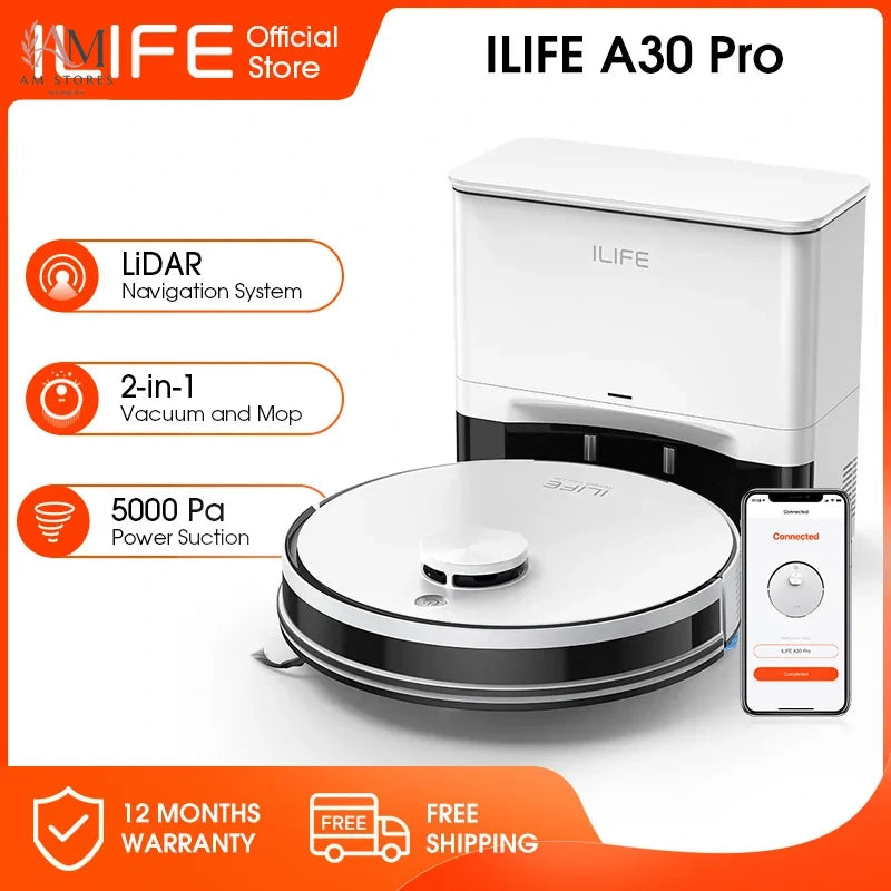 ILIFE A30 PRO 5000Pa Suction, Robot Vacuum and Mop Combo, Self Emptying, 60-Day Capacity, App/Remote, 180-Minute Running Time