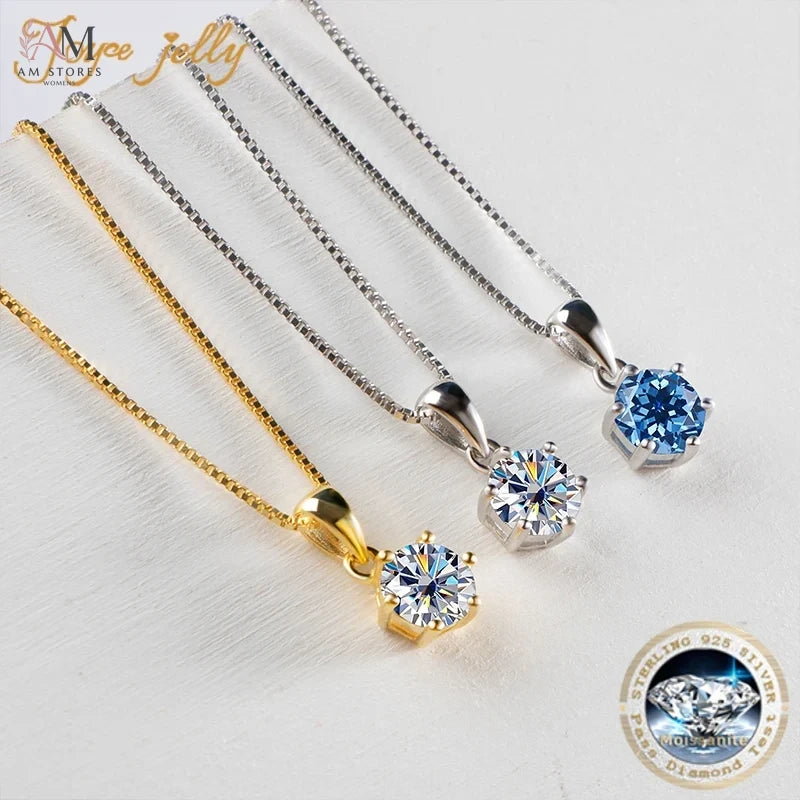 JoyceJelly 1 CT Real Moissanite Pendant Necklace For Women Royal Blue Color Moissanite 925 Sterling Silver Wedding Fine Jewelry