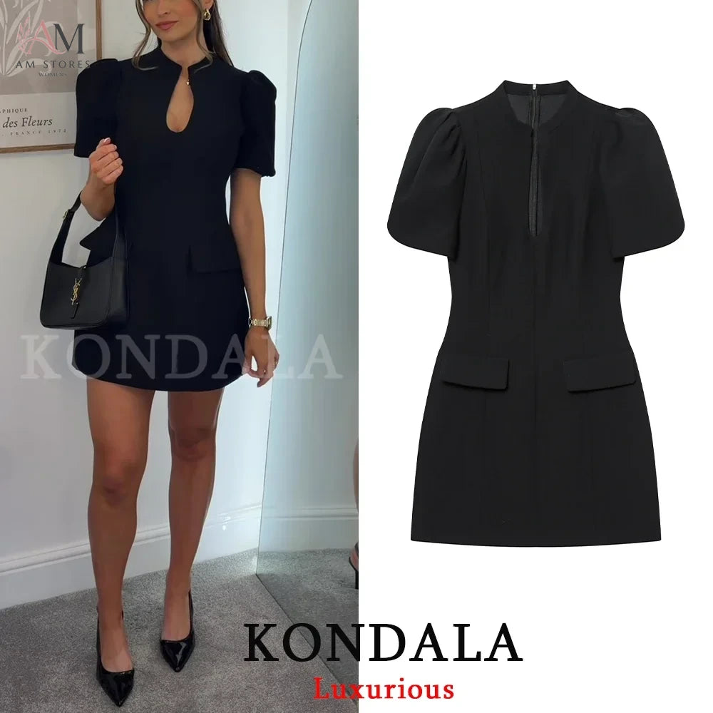 KONDALA Elegant Holiday Chic Women Mini Dress Black O-Neck Zipper Short Puff Sleeve Dress Fashion 2026 Spring Summer Party Dress