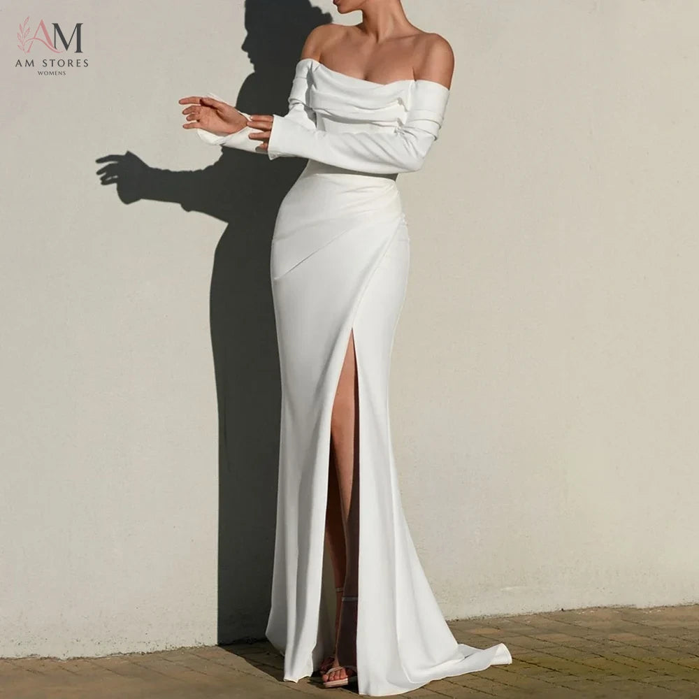 Long Sleeves Off the Shoulder Wedding Dress Boat Neck with Pleat Mermaid Customized Sexy Side Slit Bridal Backless Gowns