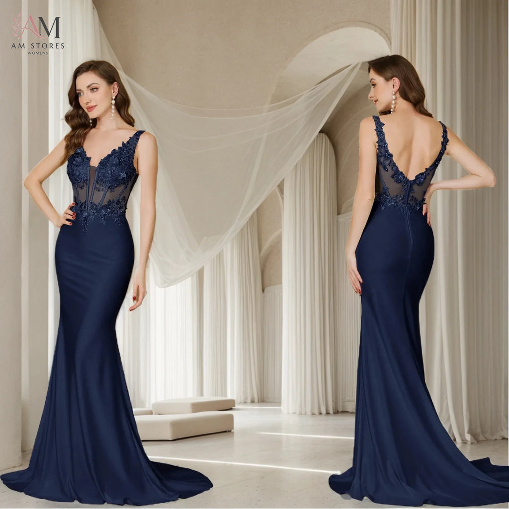 MisShow Mermaid Evening Dress Sexy Illusion Lace Appliques V-Neck Backless Sling Prom Dresses Maxi Train Bride Wedding Gowns