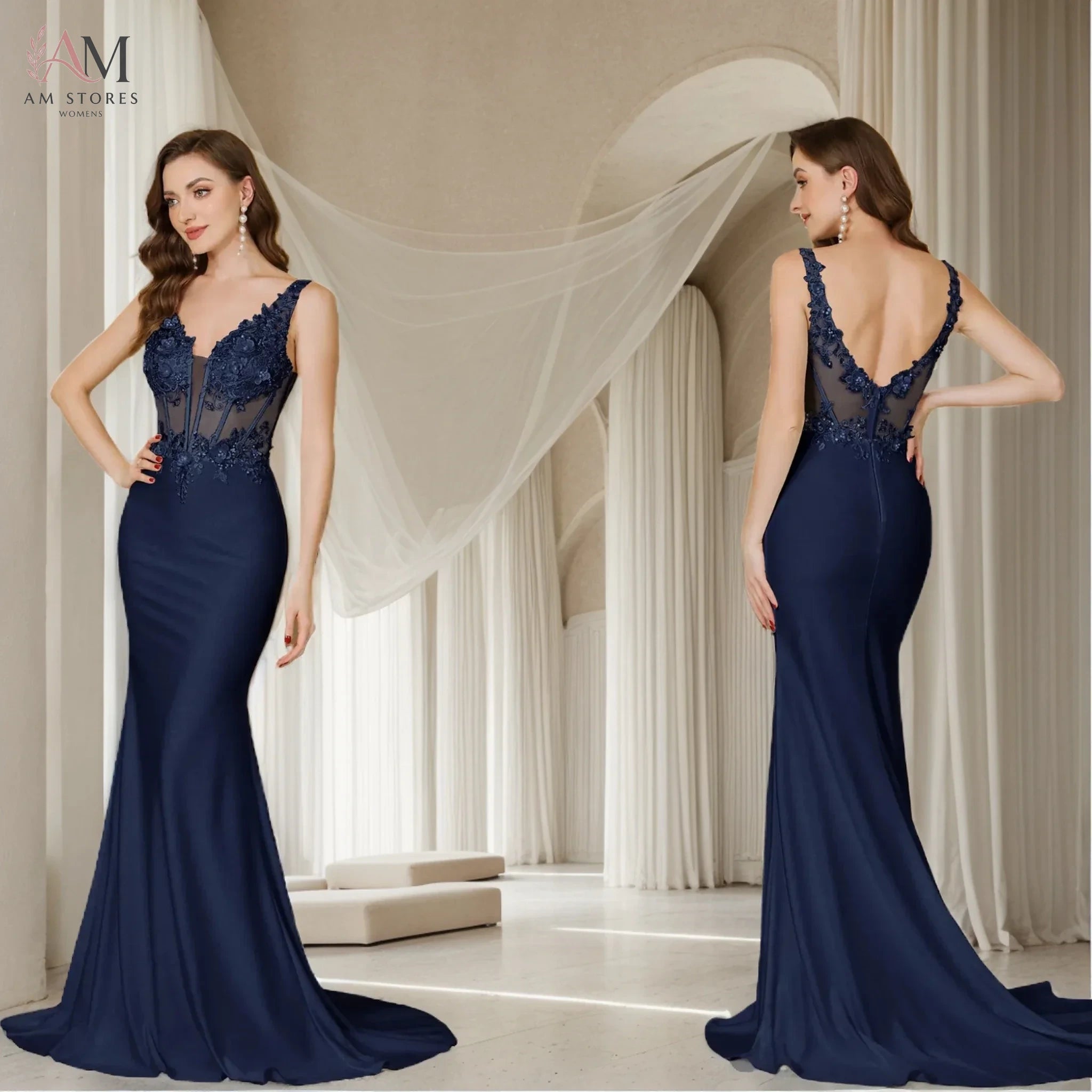 MisShow Mermaid Evening Dress Sexy Illusion Lace Appliques V-Neck Backless Sling Prom Dresses Maxi Train Bride Wedding Gowns