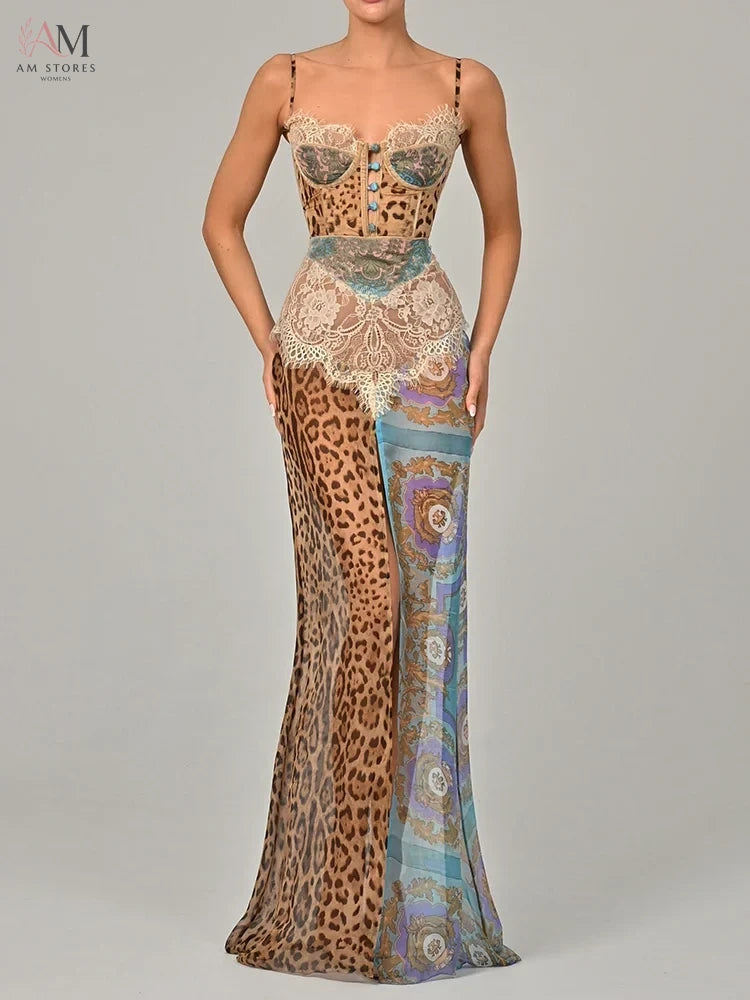 Mozision Leopard Print Lace Split Sexy Maxi Dress Women Gown Elegant Patchwork Chiffon Sleeveless Backless Beach Evening Dress
