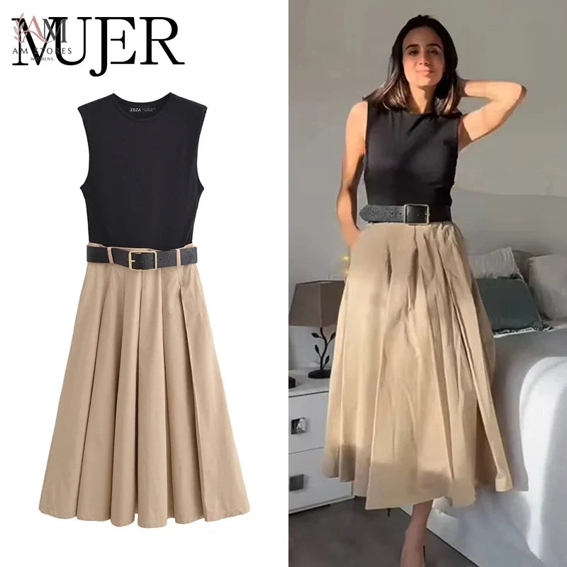 MUJER 2025 Woman Dresses Belt Pleated Midi Dress Women Sleeveless Summer Dress Woman Knitted Party Dresses for Women Sundress