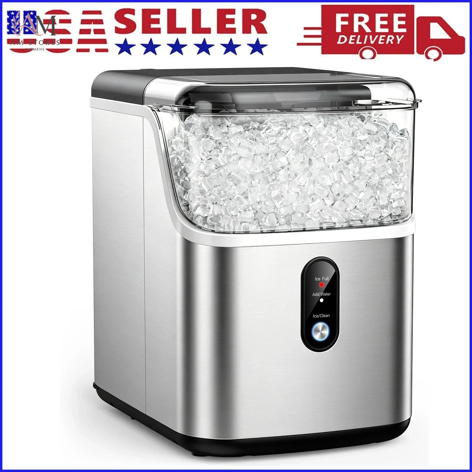 Nugget ice Maker countertop, Soft Pebble Ice Machine 40lbs/Day Small Chewable Pellet ice, Stainless Steel Quiet Mini Chewy Ice Maker Self Cleaning, Ice Ready in 6 Mins for Home Kitchen Office