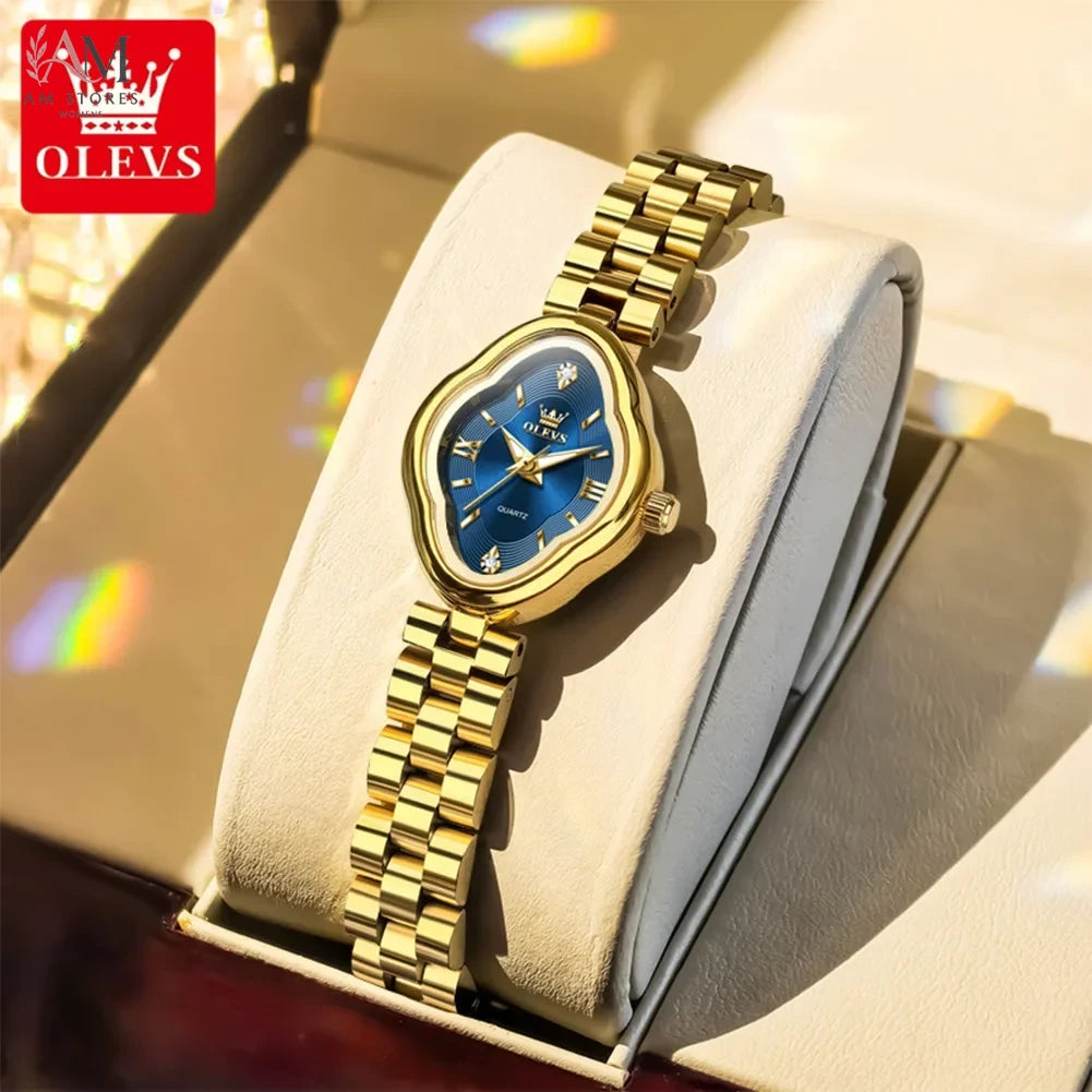 OLEVS Brand New Women's Quartz Watch Fashion Leisure Simple Luxury Gold Stainless Steel Strip Wristwatch for Ladies Gift Clock
