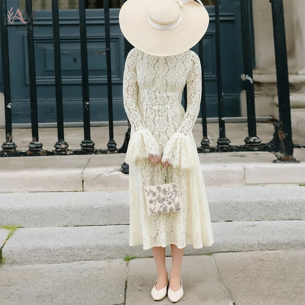 Oligai Women's Vintage Romantic Lace Maxi Dress Flared Long Sleeves High Waist A-Line Gown for Wedding Evening Party Dress