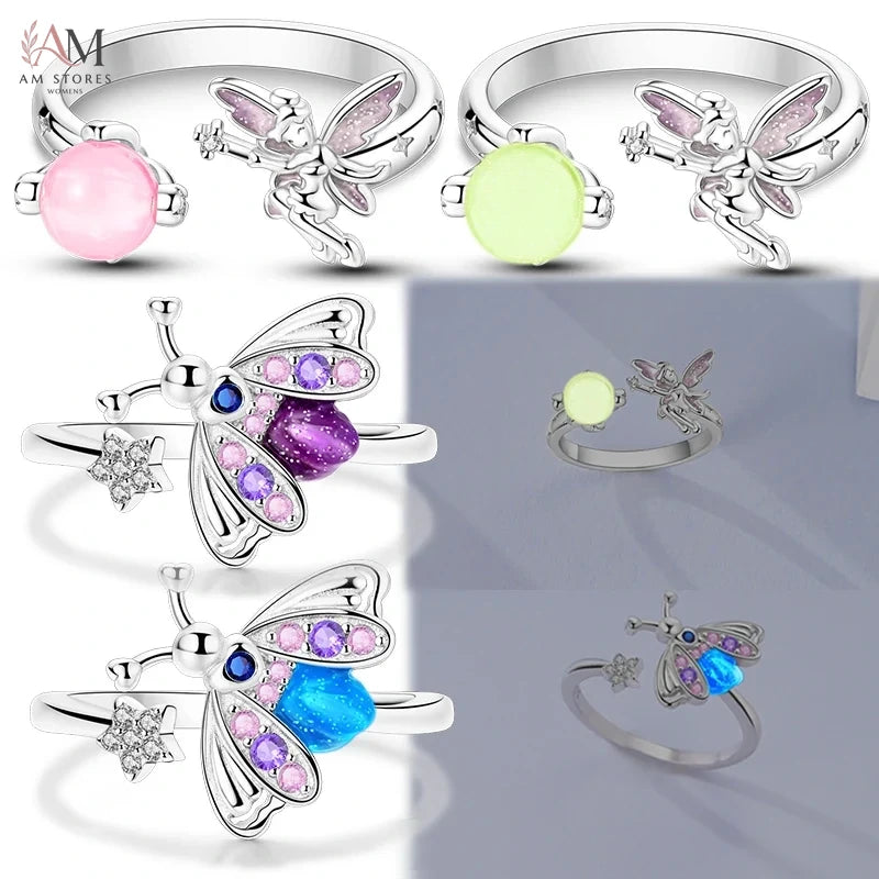 Original 925 Sterling Silver Luminous Firefly Elf Open Rings for Women Girls Jewelry Birthday Anniversary Gifts