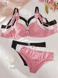Plus Size Women's Underwear Set Thin Cup Push up Bra with Underwire Side Support Comfortable Stretchy Panties