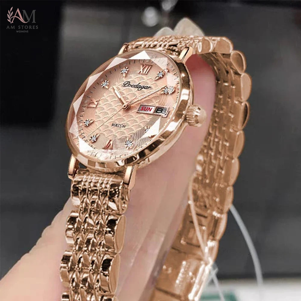 POEDAGAR New Fashion Women Watch Week Date Stainless Steel Wristwatch Waterproof Luminous High Quality Luxury Ladies Watches+Box