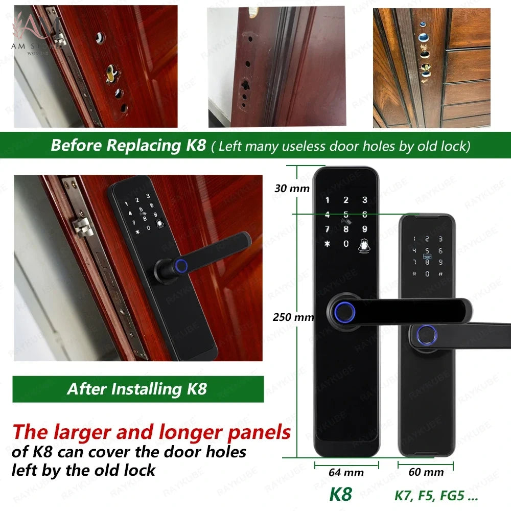 RAYKUBE K8 Smart Door Lock TTlock Bluetooth / Tuya Wifi Fingerprint Password 13.56MHZ IC Card Keyless Smartlife Home