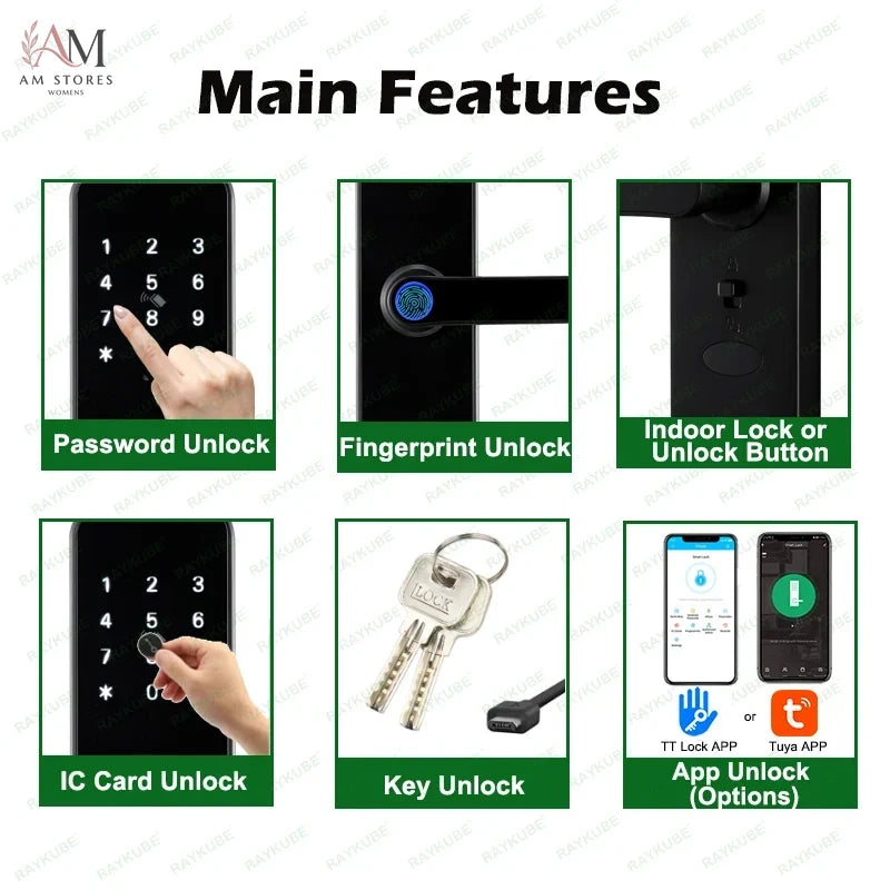 RAYKUBE K8 Smart Door Lock TTlock Bluetooth / Tuya Wifi Fingerprint Password 13.56MHZ IC Card Keyless Smartlife Home