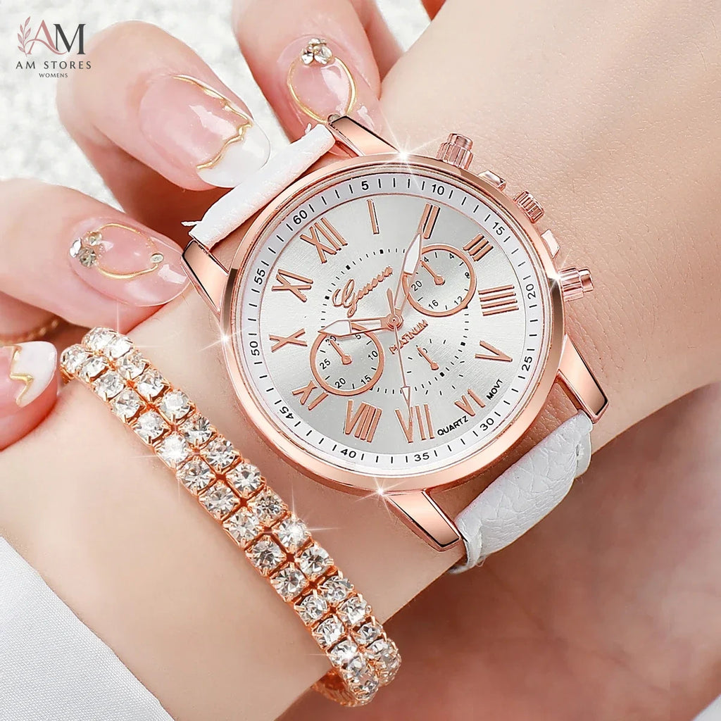Rose Gold White Leather Ladies Watch Set Chronograph Clock Cubic Zirconia Bracelet Necklace Earrings Ring Jewelry Kit For Women