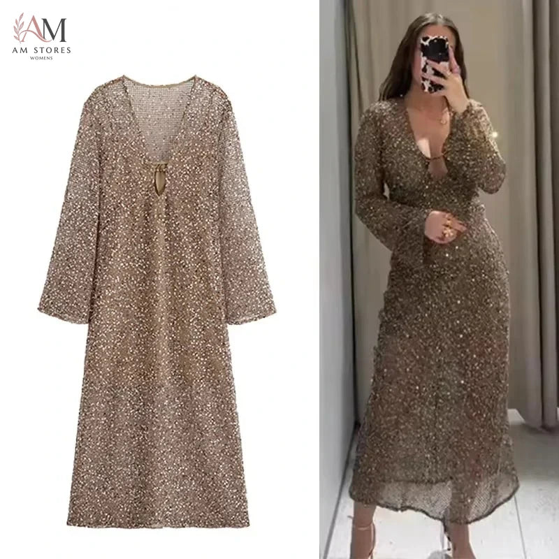 Sexy Sequined Long Pleated Dress Women Deep V-neck Full Sleeve See Through Dresses 2026 Summer Lady Party Evening Dresses ﻿