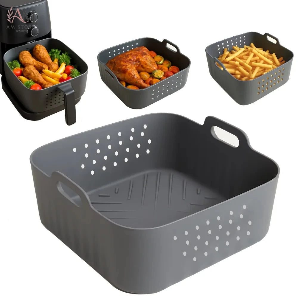 Silicone Air Fryer Baking Tray Square 5.5-6.2L Reusable Air Fryer Basket Silicone Air Fryer Liners Air Fryer Mold Tray