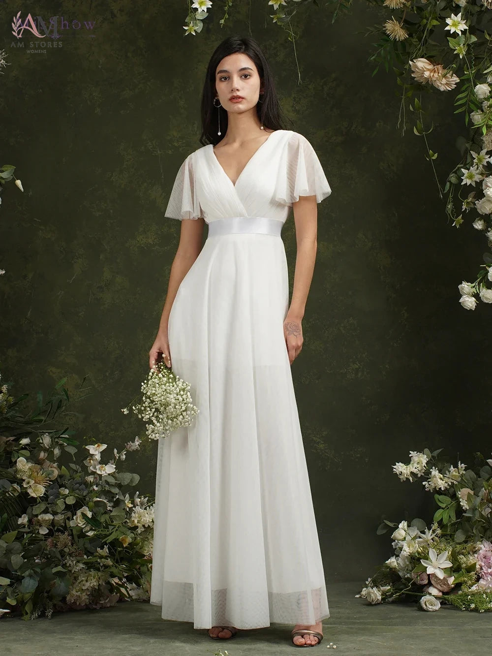 Simple Beach Ivory Wedding Dresses For Women A-Line Puffer Short Sleeve V-Neck Pleat Tulle Open Back Bridal Prom Gowns With Belt