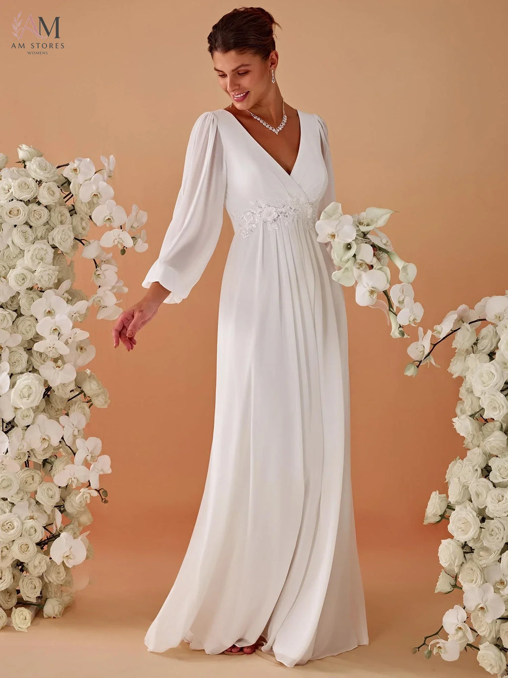 Simple White Bridal Dresses For Women Sexy Deep V-Neck Hollow Long Sleeve Empire Evening Dress Floral Applique Maxi Wedding Gown