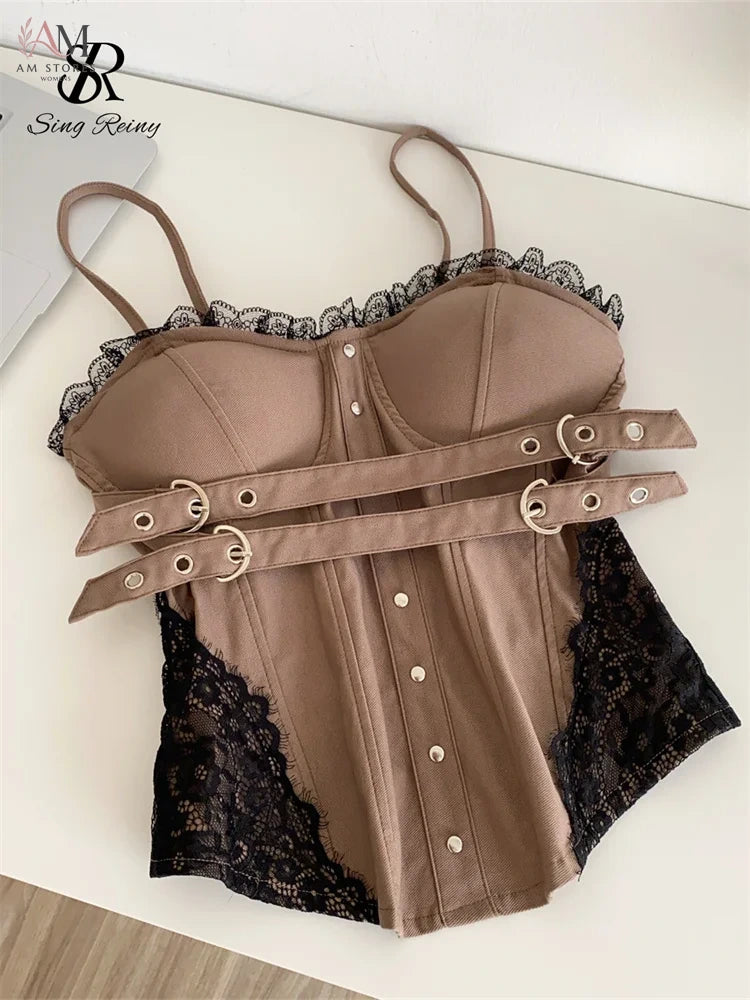 SINGREINY Korean Streetwear Sexy Camisole Women Lace Spliced Slim Short Tops Summer Y2K Vintage Clubwear Hotsweet Mini Corset