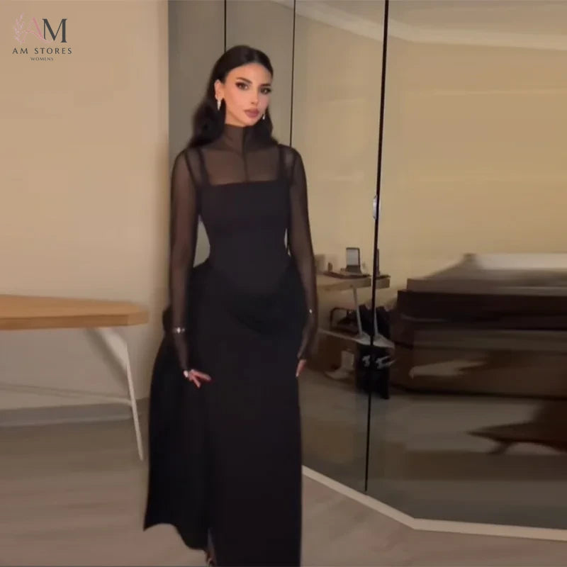 Stylish Lady Mesh See Long Sleeve Splicing Dress Elegant Evening Gown Women's 2026 New Luxury Boutique Club Party Dresses