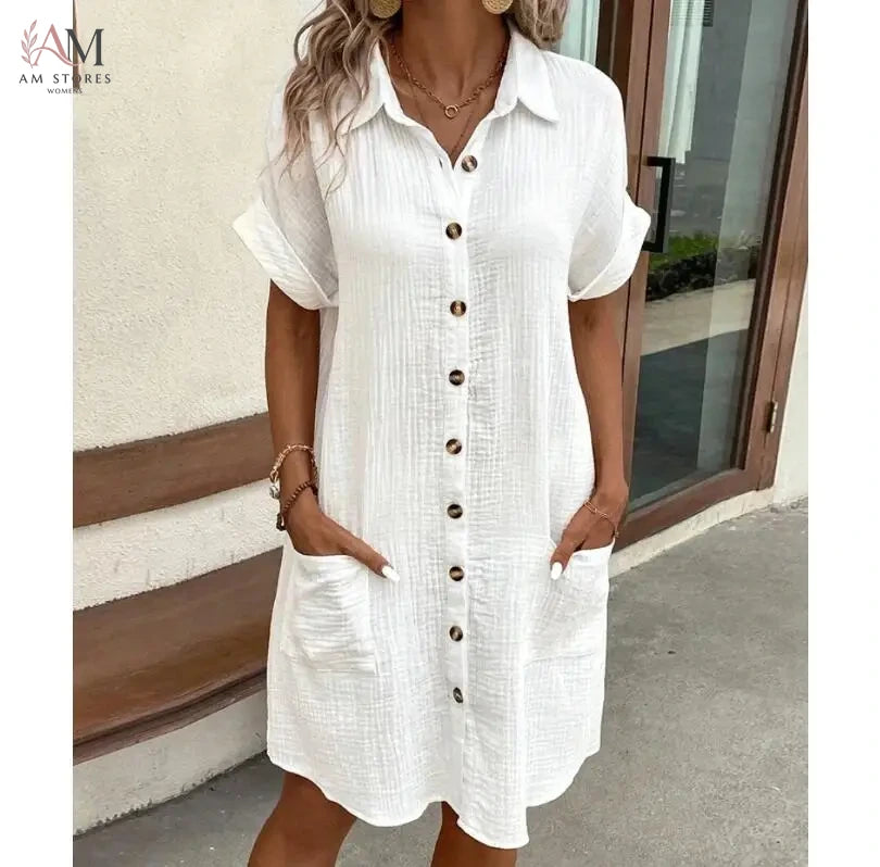 Summer Solid Simple Short Sleeve Shirt Dress Women's Turn-down Collar Single Breasted Casual Elegant Ladies Loose Dresses