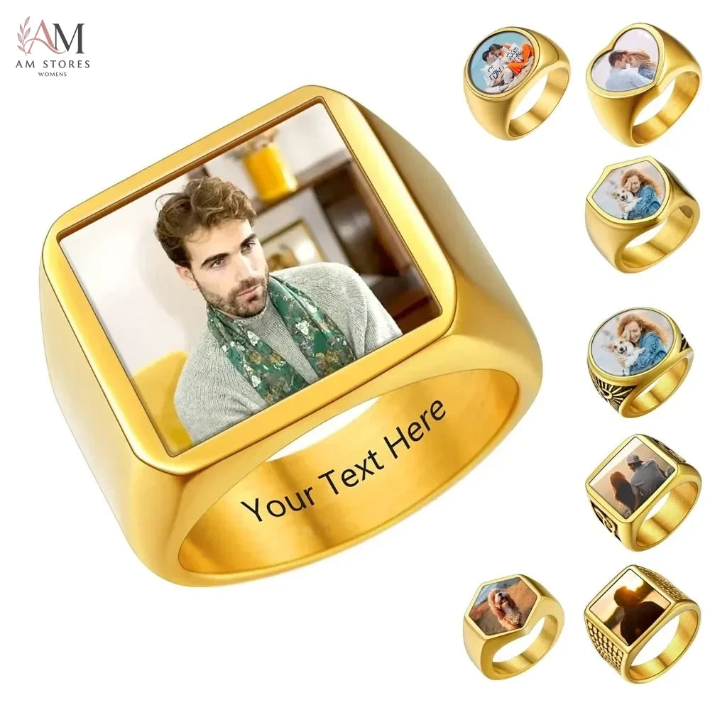 U7 Custom Photo Rings for Men Woman 316L Stainless Steel Logo Symbol Image Family Photo Square Round Heart Personalized Jewelry