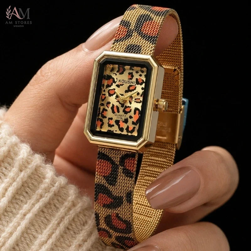 Vintage Leopard Print Square Women Quartz Watch Luxury Steel Mesh Band Ladies Wristwatch Fashion Jewelry Gift for Women Girls