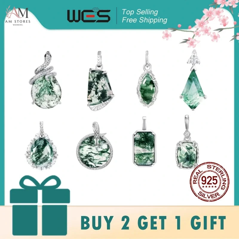 WES 925 Sterling Silver Natural Moss Agate Pendant Necklace For Women Boho Vintage Fine Jewelry Engagement Birthday Party Gift