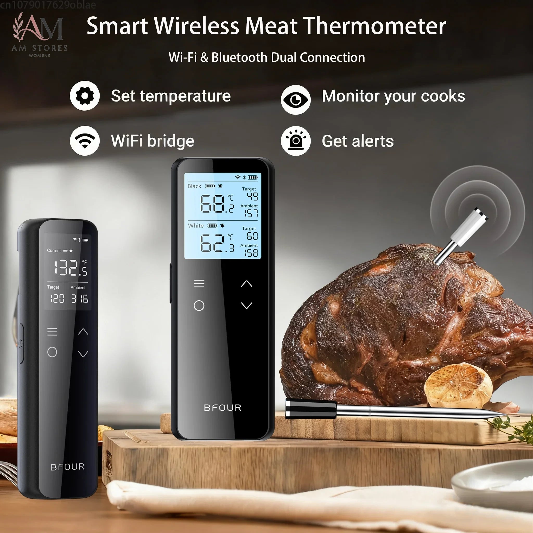 Wireless Meat Thermometer Digital with WiFi Unlimited Range & Bluetooth Support APP Alarm Reminder for BBQ, Oven, Air Fryer