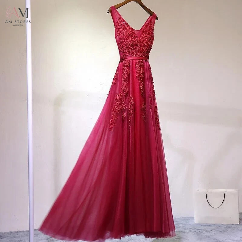 Women Burgundy Evening Dress Lace Appliques Tulle V-Neck Sexy Backless Prom Dresses A-Line Floor-Length Sleeveless Party Vestido
