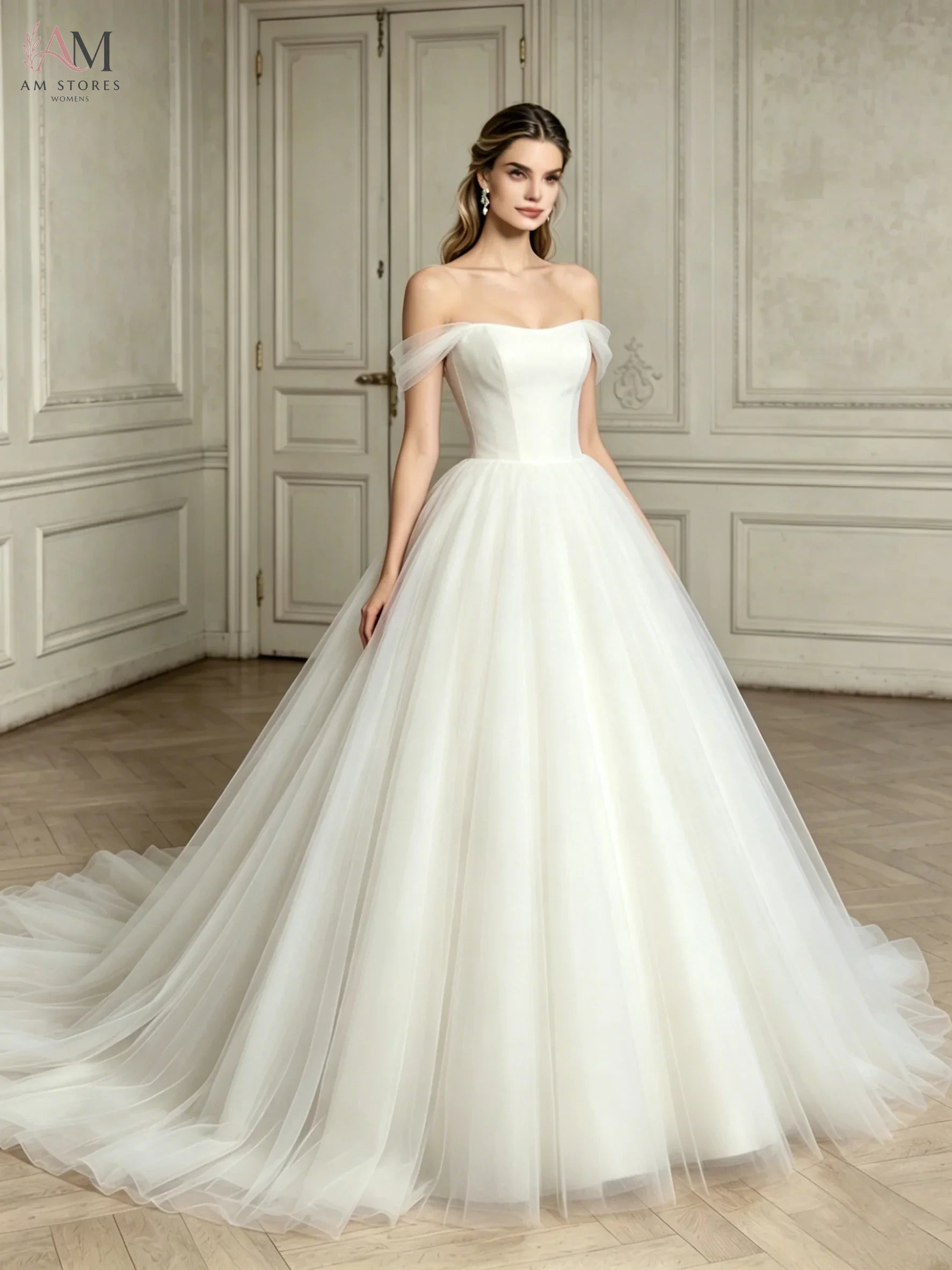 Women Elegant Off Shoulder Tulle Bridal Gown Simple A Line Wedding Dress Floor Length with Sheer Tulle Sleeves for Bride