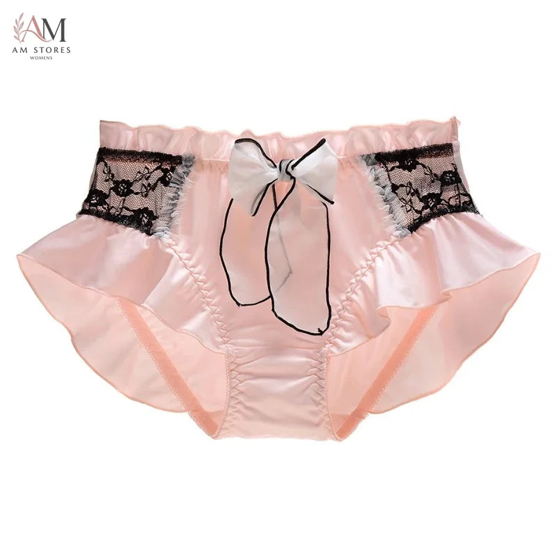 Women Milk Silk Smooth Cute Lovely Sweety Panties Lace Lolita Ruffle Ribbon Bow Elasticity Underwear Breathable Candy Color