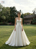 Women Satin A Line Wedding Gowns Sleeveless Square Neck Handmade Lace Applique Wedding Dresses with Sweep Train for Wedding