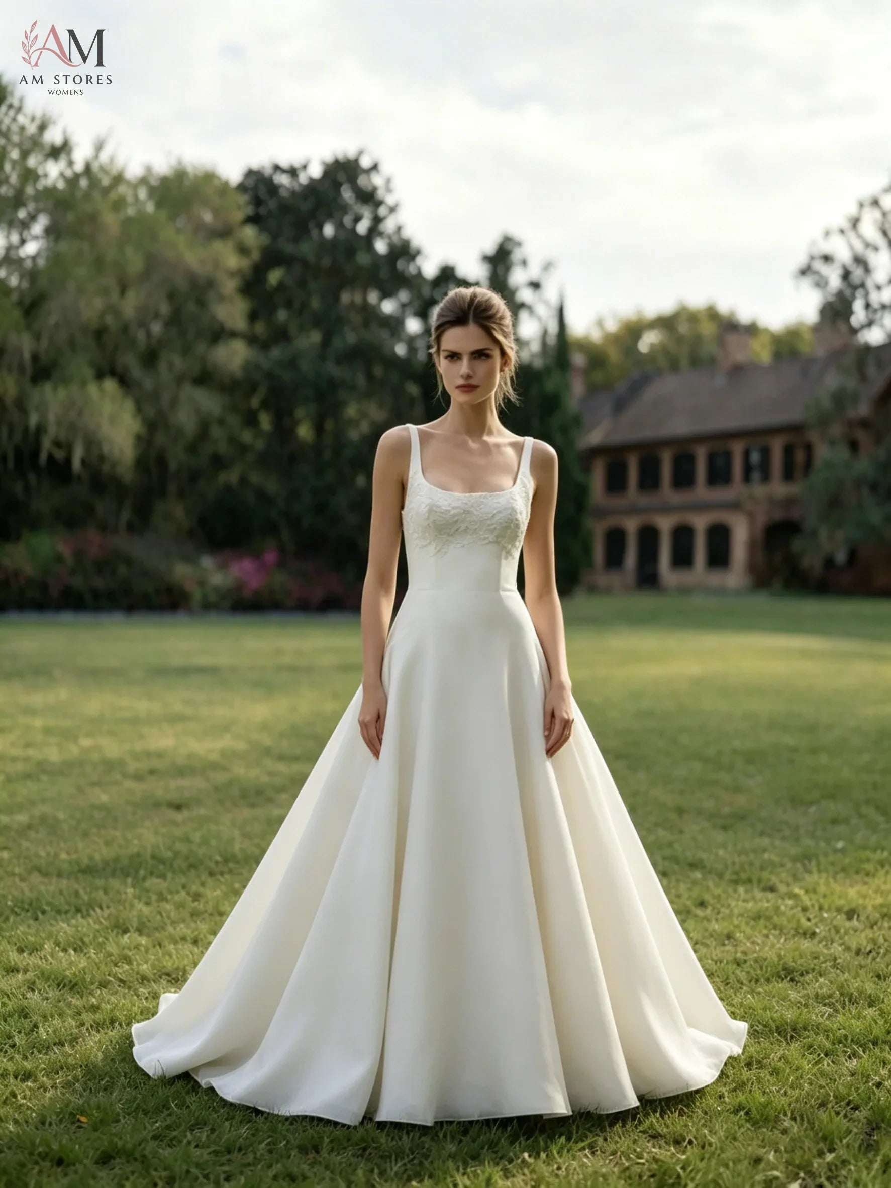 Women Satin A Line Wedding Gowns Sleeveless Square Neck Handmade Lace Applique Wedding Dresses with Sweep Train for Wedding