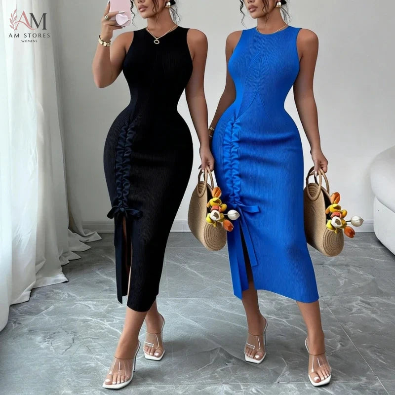 Women's Blue Sleeveless Crew Neck Ruched Side Sundress Stretchy Ribbed Knit Bodycon Midi Dress Slit Summer Daily Party Dress
