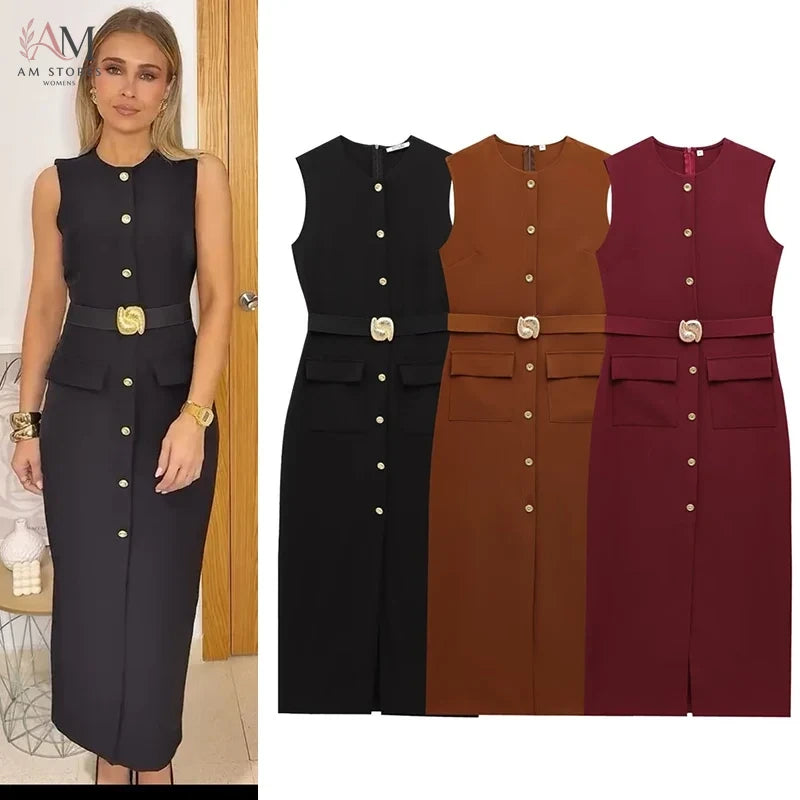 Women's Dress Black Long Dresses Spring Summer 2025 Button Up Sleeveless Sundress Vestidos Elegant Casual Women's Dresses