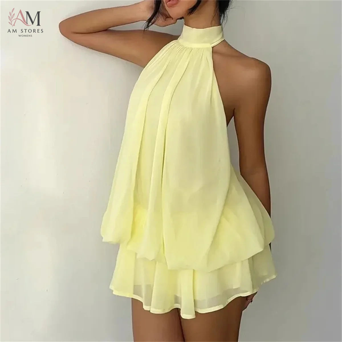 Women's Halter Neck Dress Sweet Backless Tie-Front Chiffon Sheer Mini Skirt Fashion Sexy Y2K Vintage Cute Party Birthday Dress