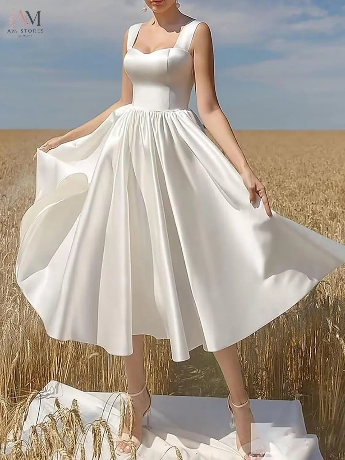 Womens Satin Tea Length Wedding Dresses for Bride Square Collar Midi A Line Formal Bridal Party Dress Simple Wedding Dress