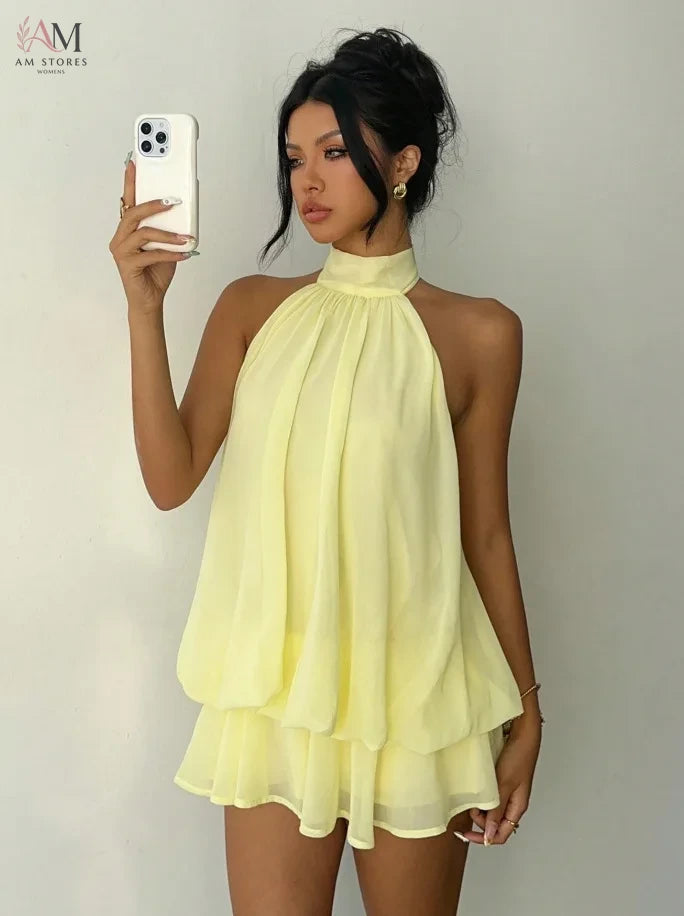 Women's Vacation Slim Fit Fashion Sexy Backless Halter Tie Waist Versatile Solid Color Dress, Stylish and Comfortable Summer