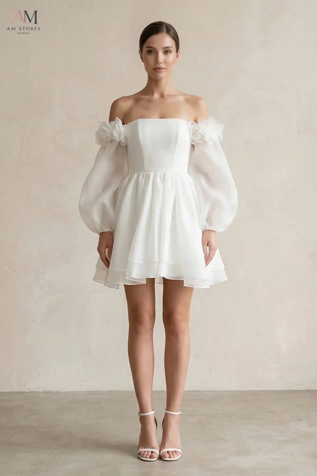 Women's Wedding Dresses White Ivory Bridal Gowns Short Off-the-Shoulder 3D-Flower Chiffon Long Sleeve Wedding Dress in Ivory