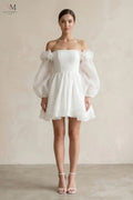 Women's Wedding Dresses White Ivory Bridal Gowns Short Off-the-Shoulder 3D-Flower Chiffon Long Sleeve Wedding Dress in Ivory