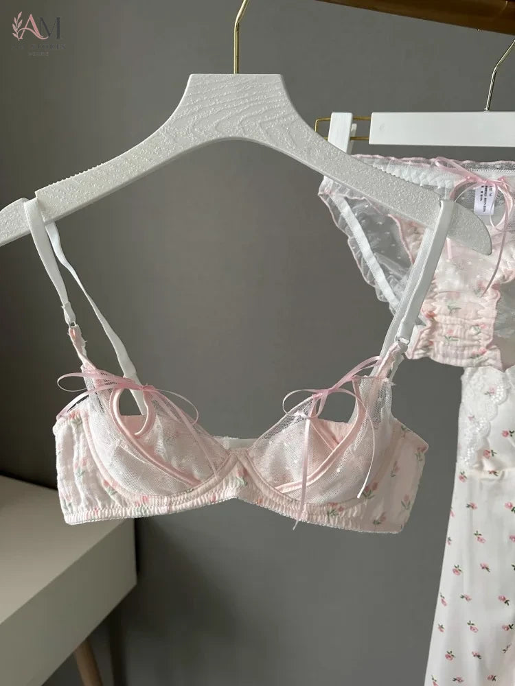 YUQI Kawaii Lace Bralette Set Japanese Floral Mesh Underwear Summer Ultra-Thin Lace-Up Cutout Romantic Bra 2024 New Kawaii set