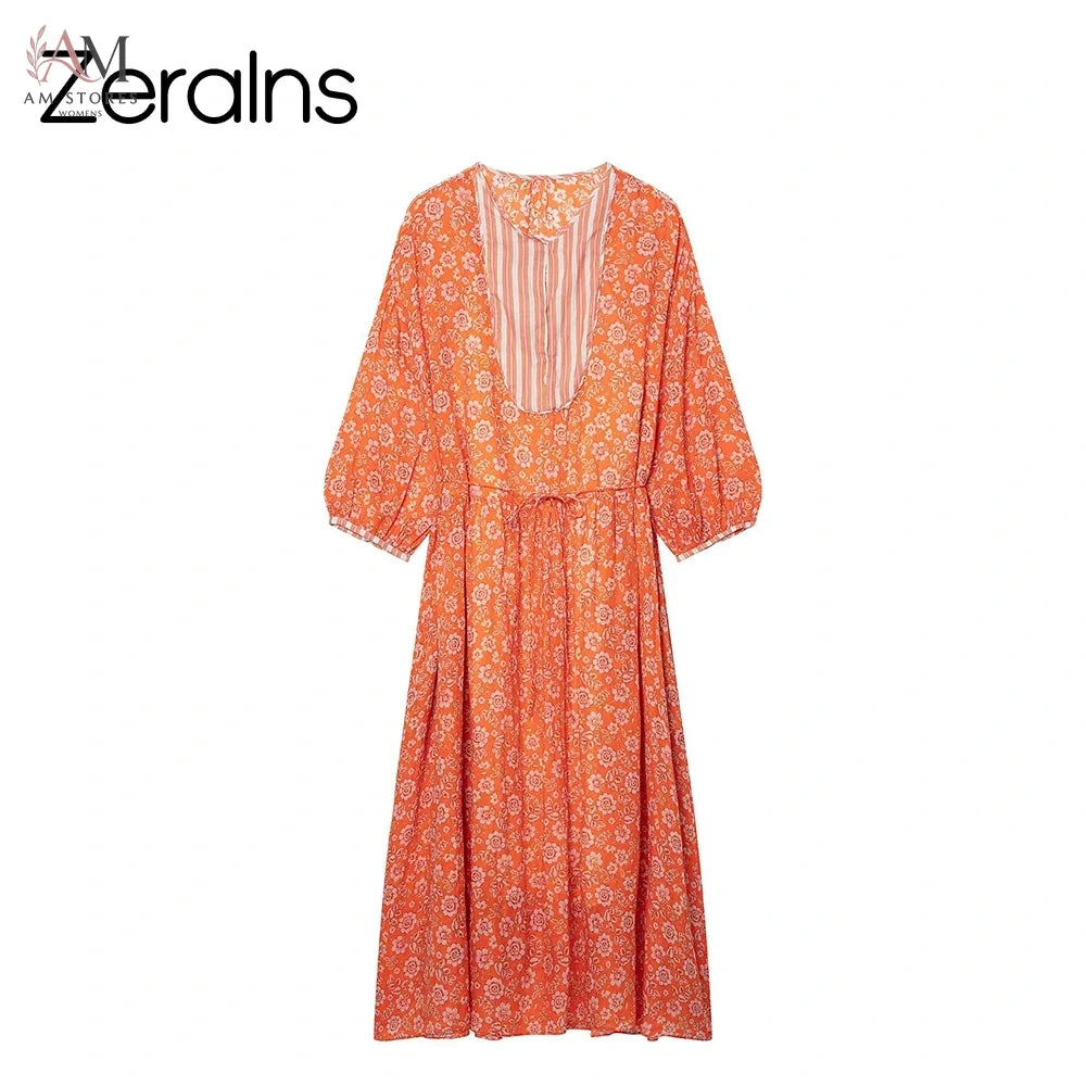 ZERAINS 2026 Summer New Women's Fashion Simple and Versatile Loose Seven Sleeve Flower Printed Dress